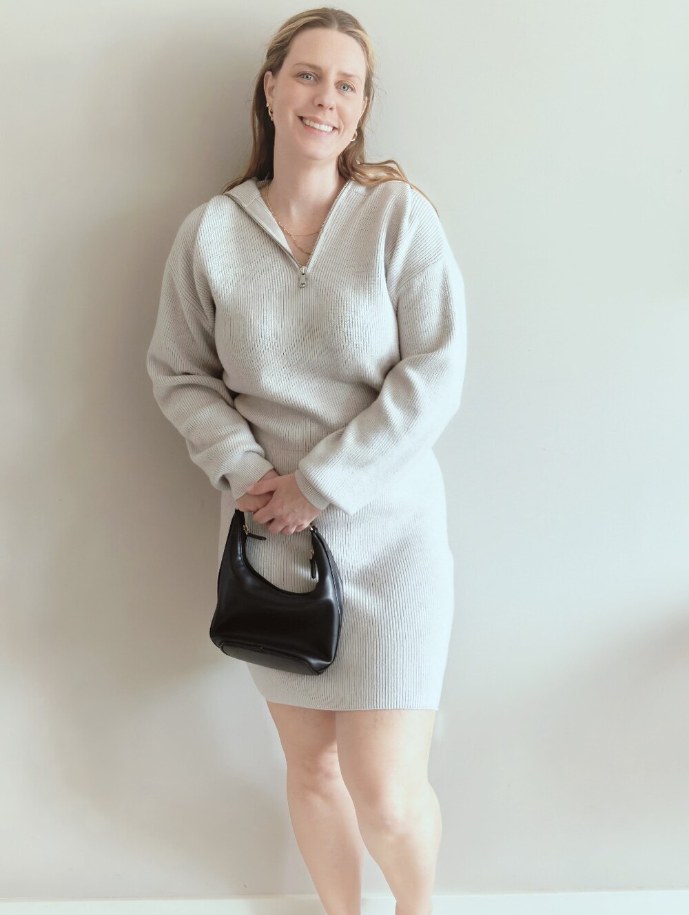 BB Dakota Grey Ribbed Knit Quarter Zip Drop Waist Mock Neck Sweater Dress Size L